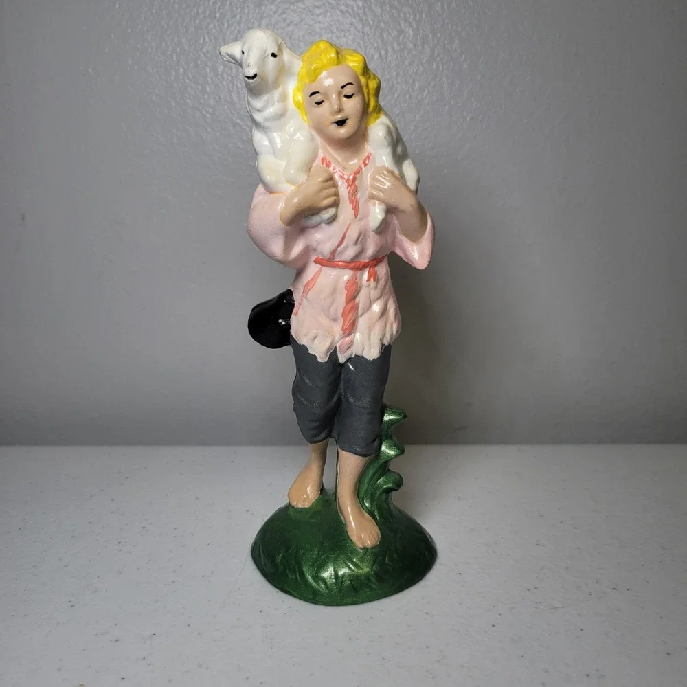 Pacific Mold Vintage Ceramic Nativity Piece Shepherd Girl‎ with Lamb 7 Inch